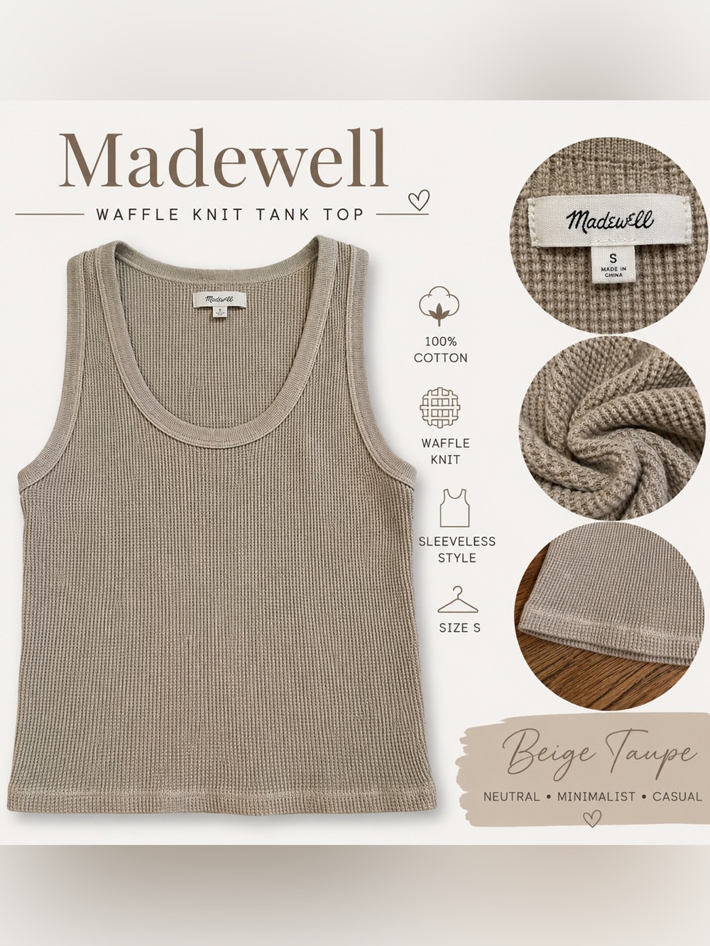 Madewell Waffle Knit Tank Top Beige Taupe 100% Cotton Sleeveless Size S